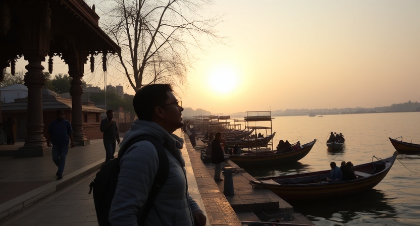 A tourist exploring Varanasi ghats at sunrise in pleasant November weather.