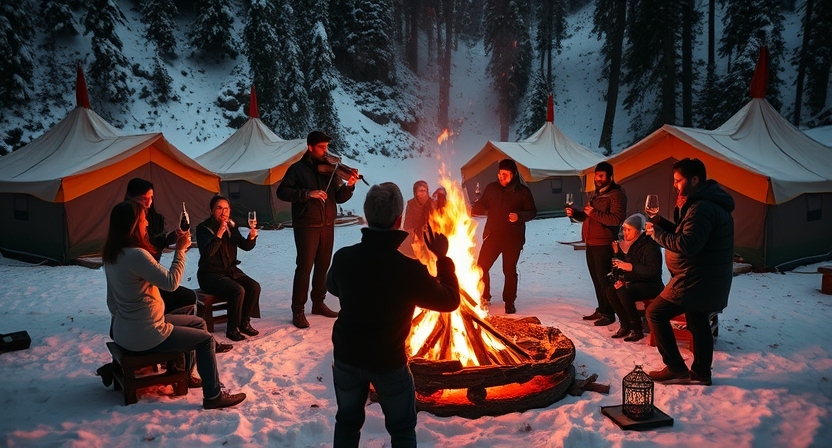 Cozy bonfire New Year celebration in Kasol, Himachal Pradesh.