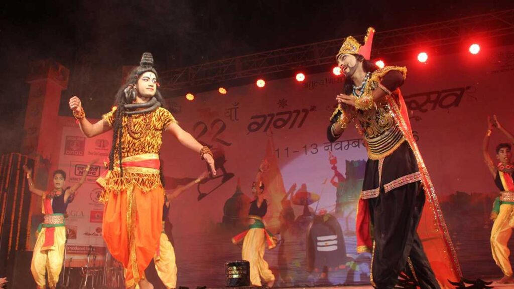 Indian classical dancers performing at the Ganga Mahotsav festival in Varanasi.