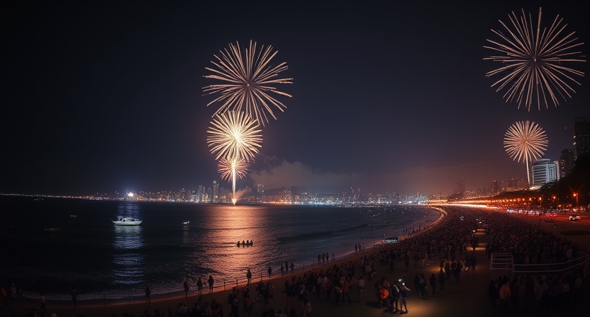 Mumbai New Year celebrations with rooftop parties and Marine Drive lights.