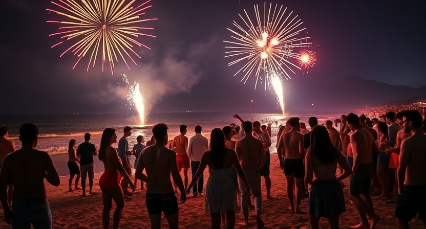 New Year beach party in Goa with fireworks.