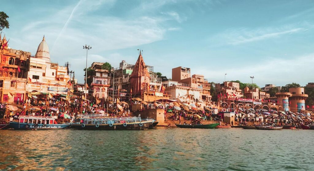 Priests performing the Ganga Aarti ceremony at Dashashwamedh Ghat in Varanasi.