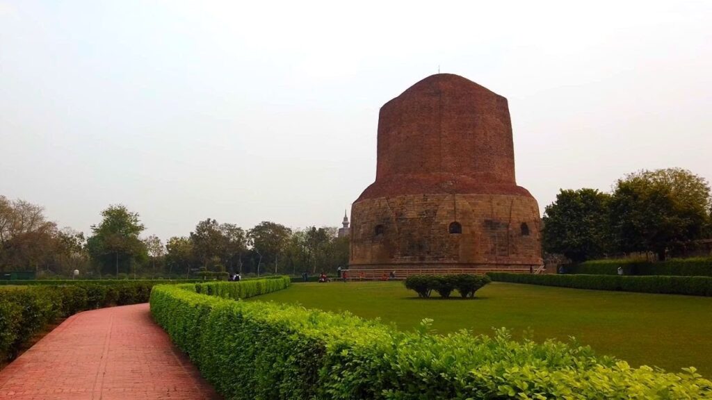 The Dhamek Stupa in Sarnath, a Buddhist pilgrimage site near Varanasi.