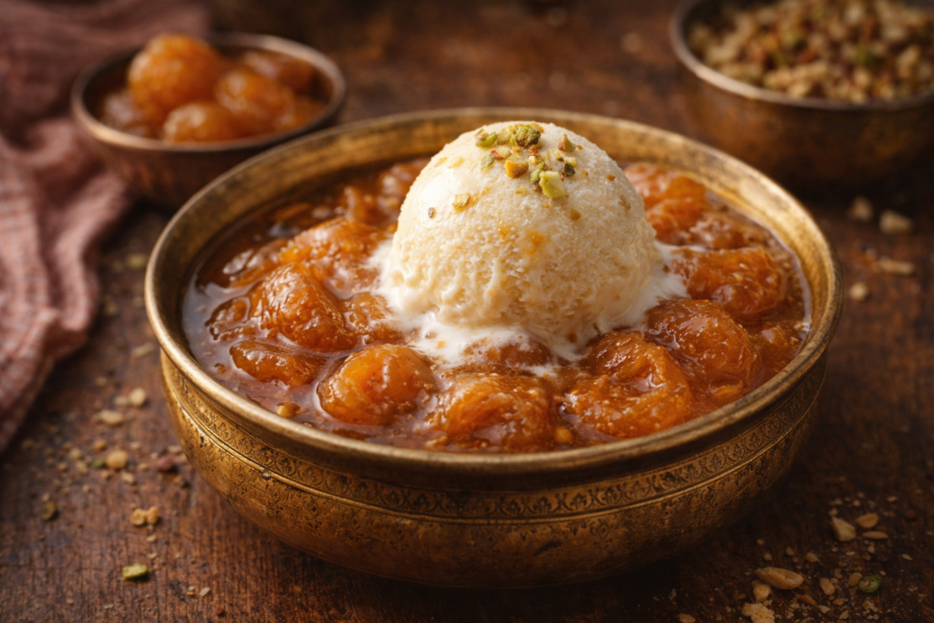 Famous food dishes to try in Hyderabad Khubani Ka Meetha with Ice Cream